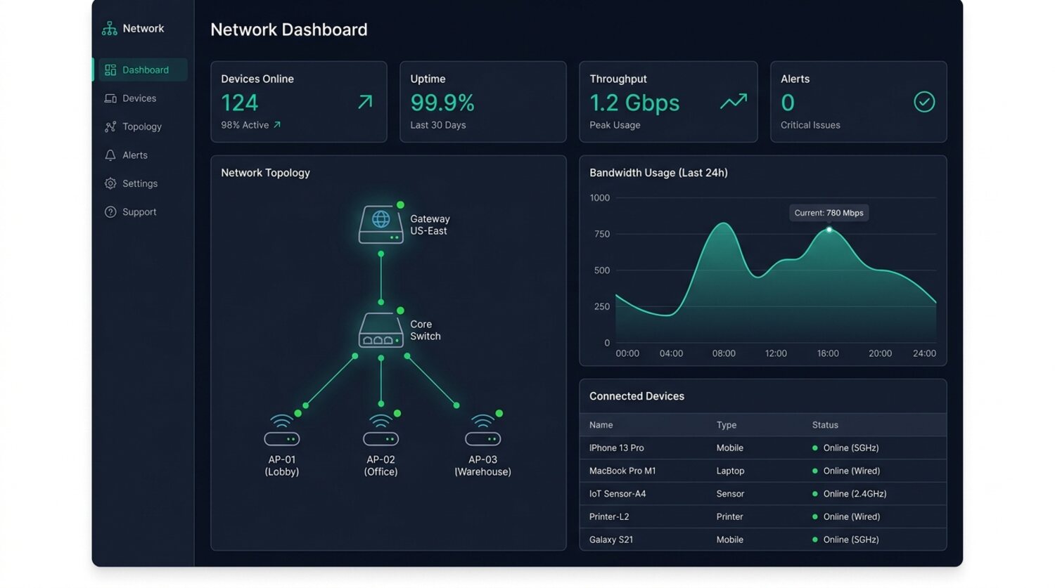 The Managed Network dashboard: device status, network topology, and bandwidth usage