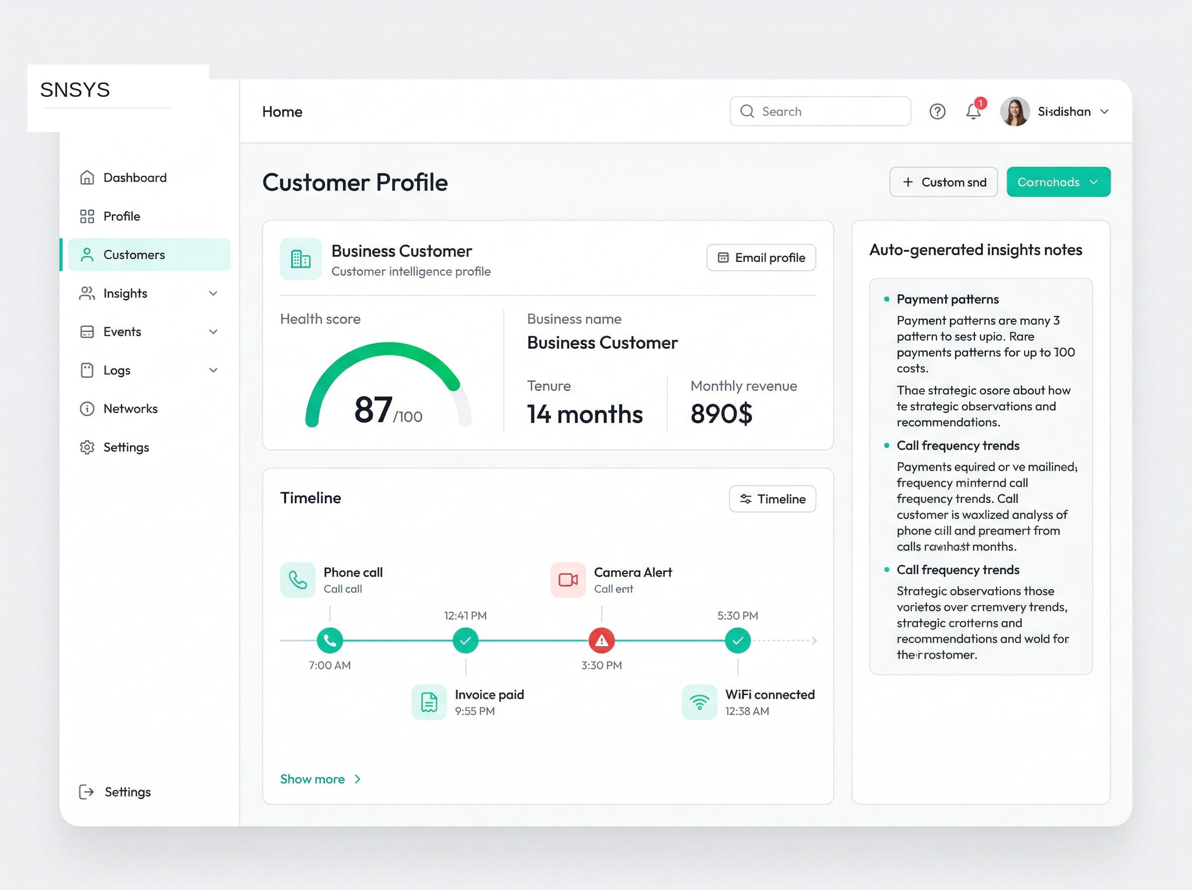 Customer intelligence profile showing health score, activity timeline, and custom insights
