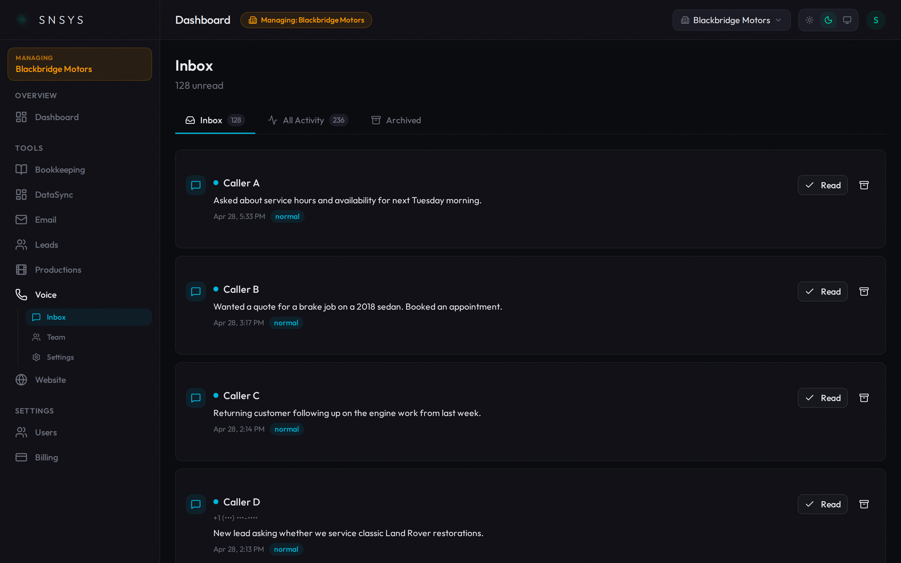 Voice inbox showing AI-summarized incoming calls
