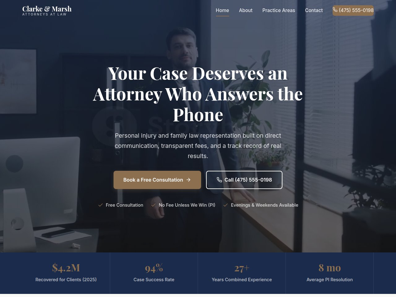 Clarke & Marsh Law website built by SNSYS