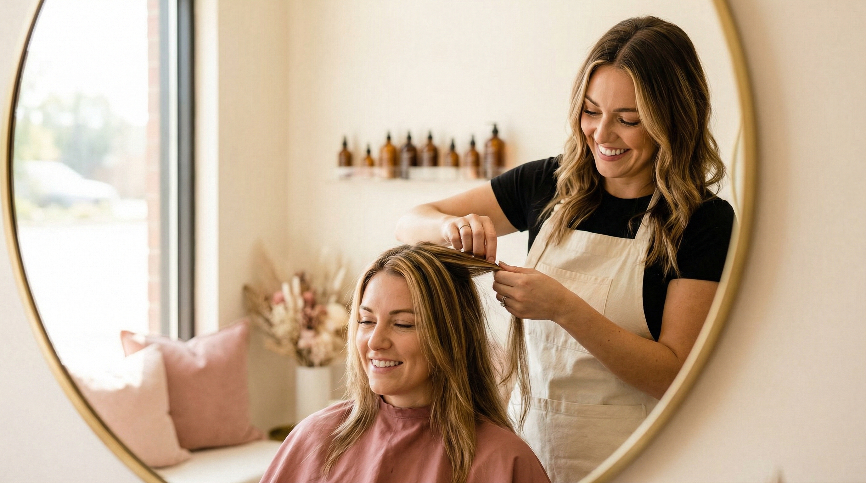 Stylist working with a client in a warm, modern salon